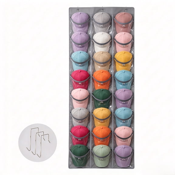 Behome Clear Over The Door Hat Rack, 24 Pockets Hat Organizer with 3 Hooks, Hanging Hat Holder for Baseball Caps, Closet Wall and Door