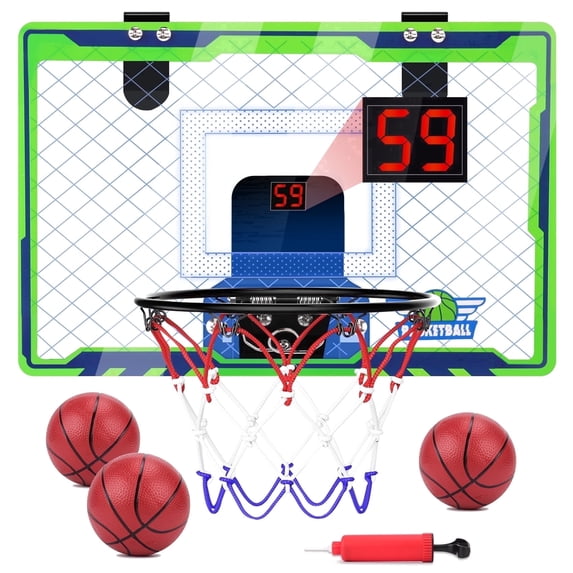 POPGOO Over-the-Door Basketball Hoop for Kids – Indoor Basketball Hoop with LED Scoreboard & Sounds, 3 Mini Basketballs & Net, Gift For Boys & Teens Ages 4-12