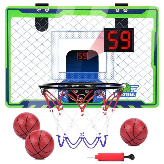 POPGOO Over-the-Door Basketball Hoop for Kids – Indoor Basketball Hoop with LED Scoreboard & Sounds, 3 Mini Basketballs & Net, Gift For Boys & Teens Ages 4-12