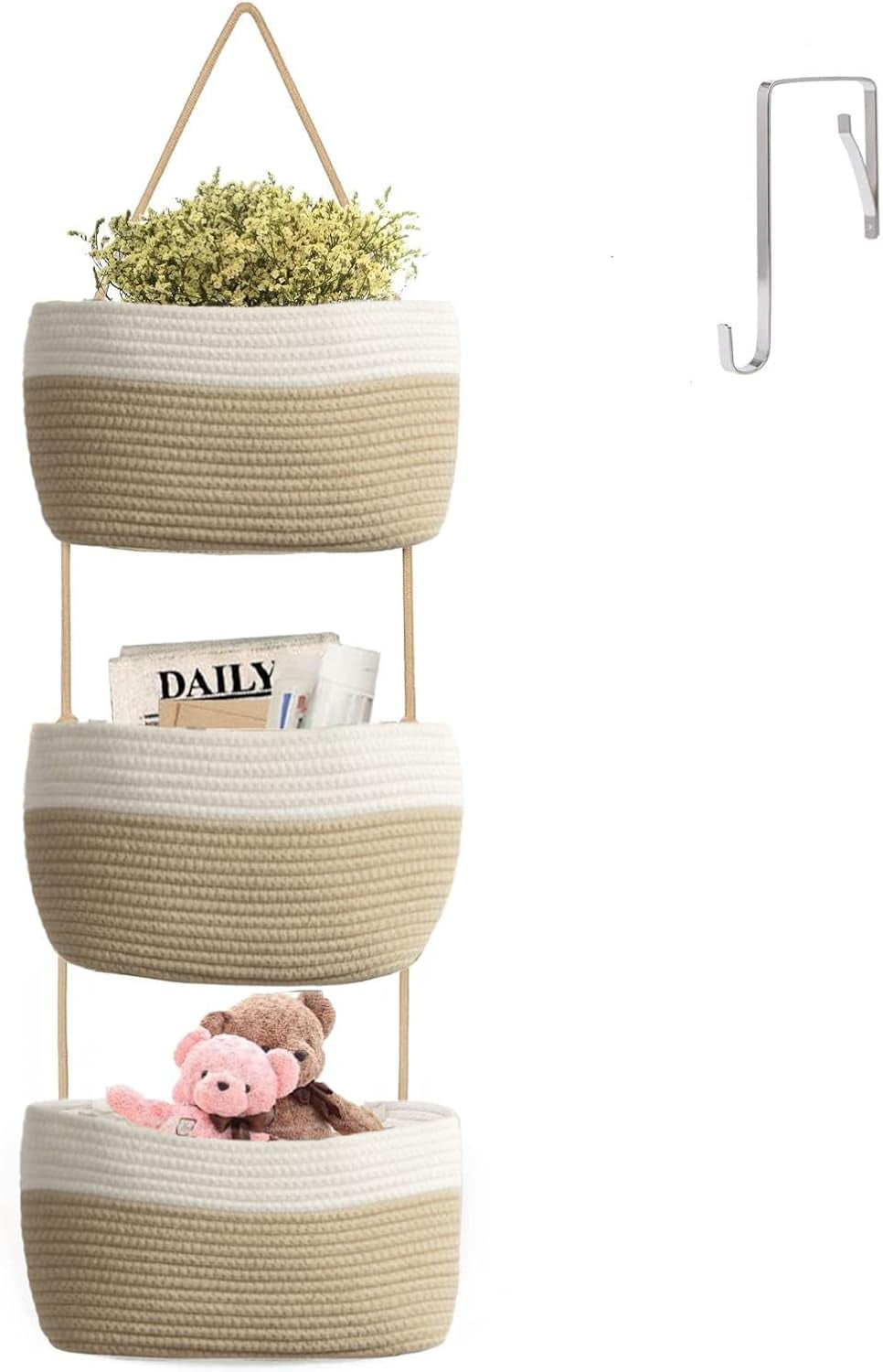 Beige and White Cotton Rope 3-Tier Hanging Basket Organizer