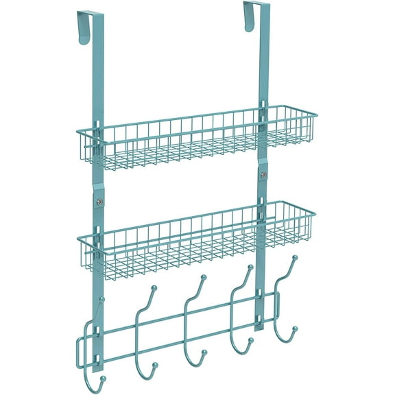 Over The Door Hanging Organizer Rack with 2 Mesh Baskets 5 Hooks, Blue