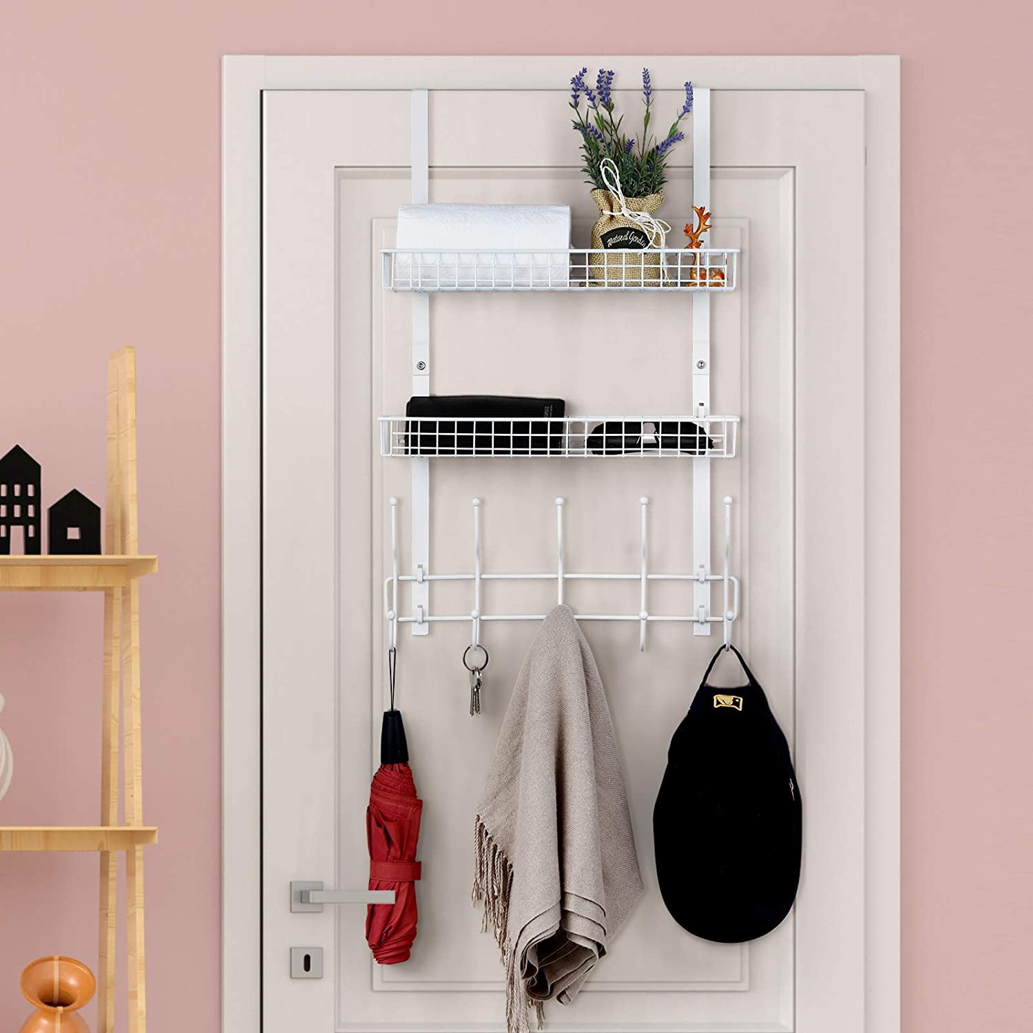 Over The Door Hanging Organizer Rack with 2 Mesh Baskets 5 Hooks, White ...