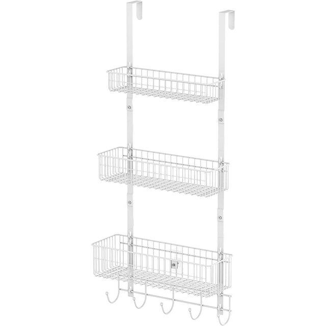 Over The Door Hanging Organizer Rack with 3 Mesh Baskets 5 Hooks, White