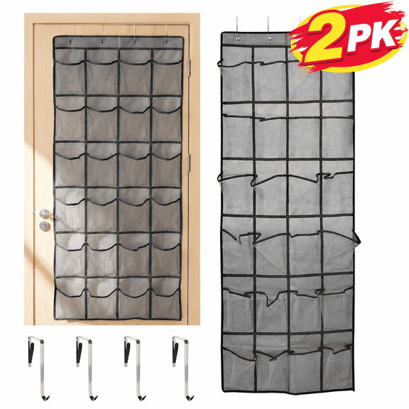 2 PK Over The Door Hanging Shoe Organizer, 24 Large Breathable Mesh Pockets, Hanging Shoe Storage Organizer, Gray