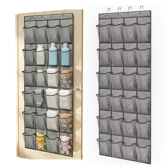 Over The Door Hanging Shoe Organizer, 24 Large Breathable Mesh Pockets, 2 Pack Hanging Shoe Storage Organizer, Gray