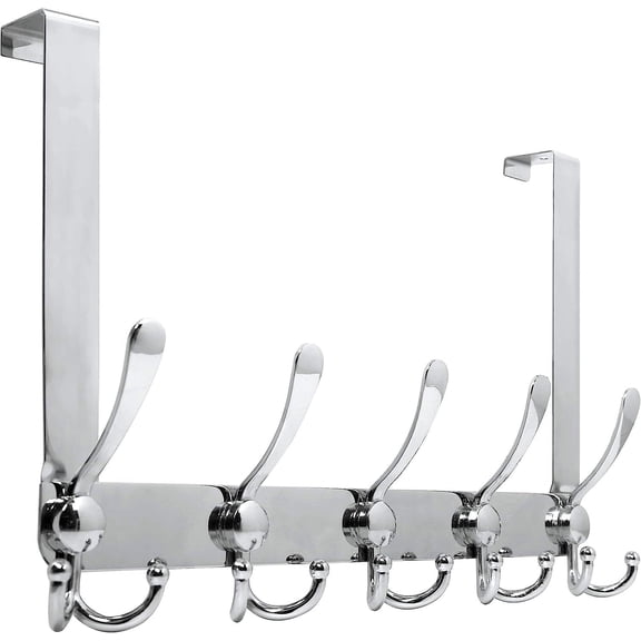 Over The Door Hook Hanger - 5 Tri Hooks, Heavy Duty Over The Door Towel Rack Coat Rack for Clothes Hat Towel, Silver