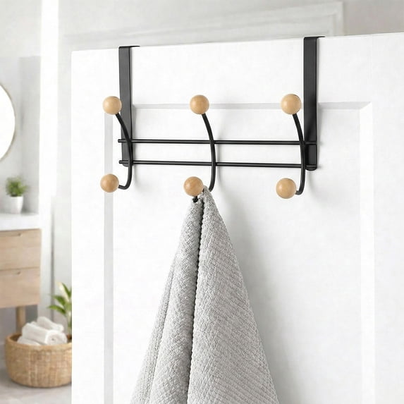 Over The Door Hook Rack Black Finish with 6 Natural Wooden Ball Ends
