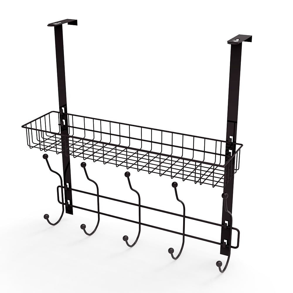Over The Door Hook Rack with Wire Storage Basket, Metal Over Door Organizer for Entryway Bathroom