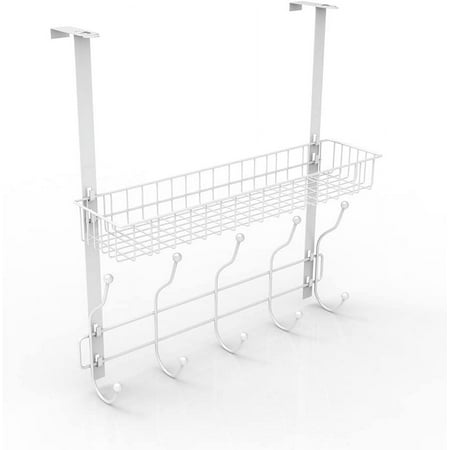 Over-The-Door Hook Shelf Organizer 5 Hooks With Basket Storage Rack, White