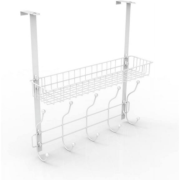Over-The-Door Hook Shelf Organizer 5 Hooks With Basket Storage Rack, White