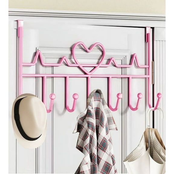 Over The Door Hooks,Bexikou Pink Metal Door Hanger with 7 Hooks,Heavy Duty Towel Racks with Hanging Towels, Coats, Bags for Bathroom Entryway