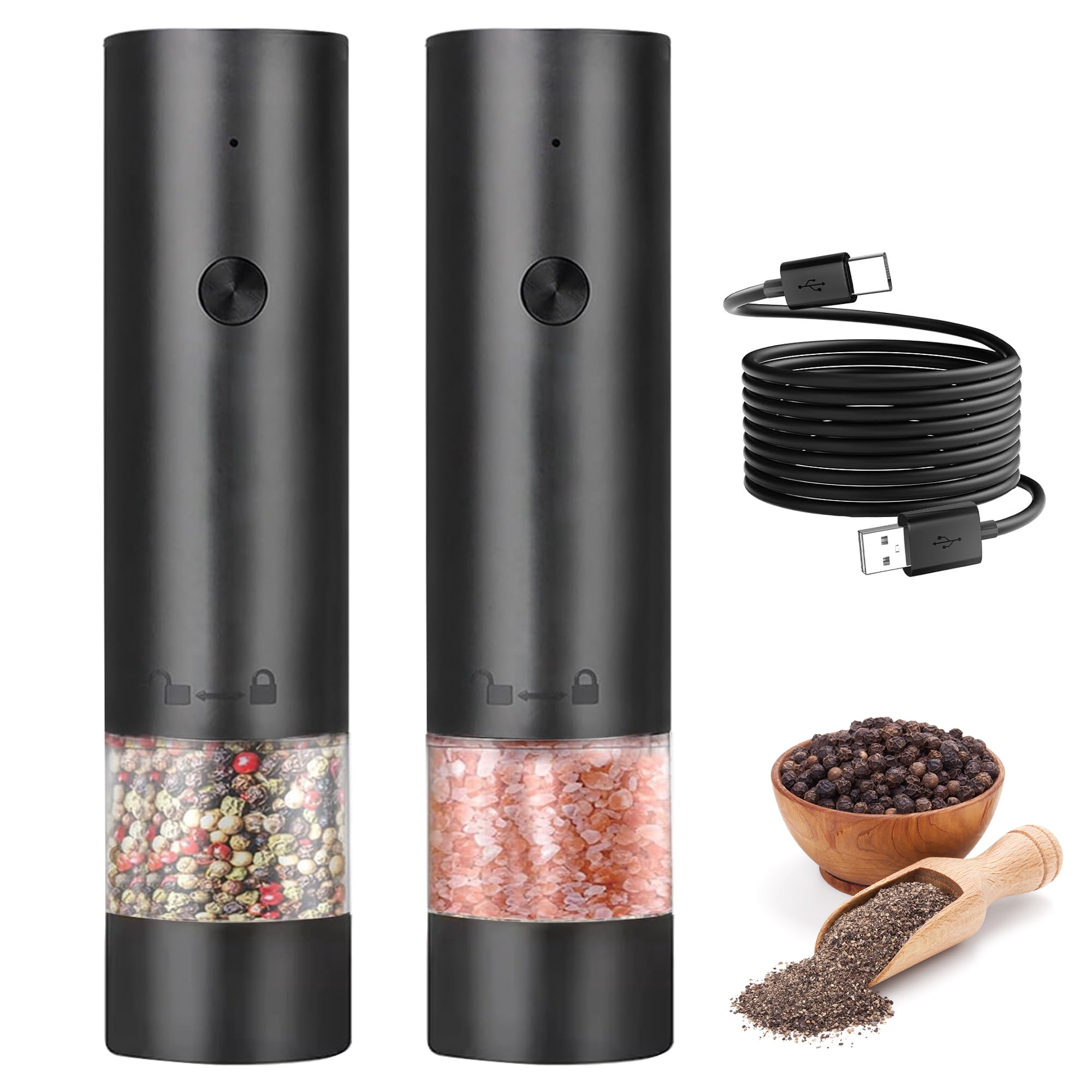 Electric Salt and Pepper Grinder Set, Automatic Salt Pepper Mill Grinder, Rechargeable Salt and Pepper Shakers Mills, Adjustable Coarseness One Hand Operation for Kitchen