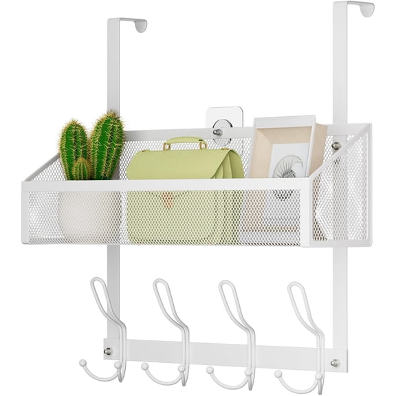 Over The Door Hooks Organizer Back of Organizer with 12 Coat & Mesh Baskets Towel Rack Hanger Storage for Bathroom Kitchen Bedroom(White)