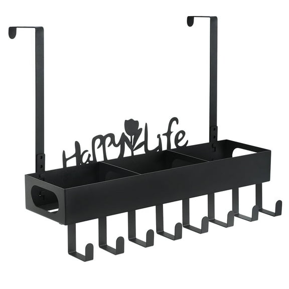 Over The Door Hooks Organizer, Over Door Hanger with Baskets & 8 Coat Hooks, Wall Mount Storage Towel Rack for Bathroom, Kitchen, Bedroom, Black