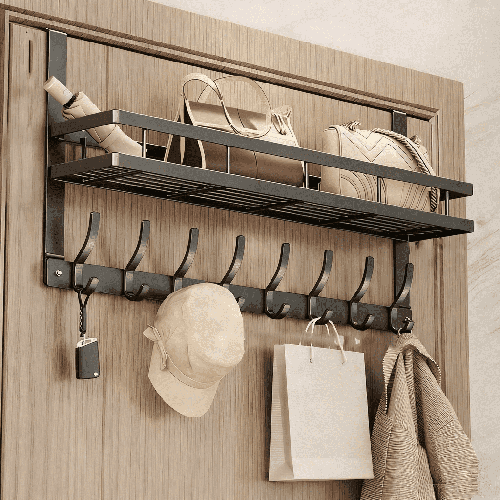 Over The Door Hooks Organizer Storage, Over The Door Hanger with 8 Coat Hooks & 1 Storage Shelf