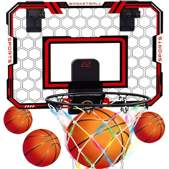 Over-The-Door Kids Mini Basketball Hoop with LED Lights | Scoreboard & Ball Included | Indoor Basketball Game for Boys & Girls Ages 5-12 | Perfect Birthday/Children's Day Gift - Red/Blue