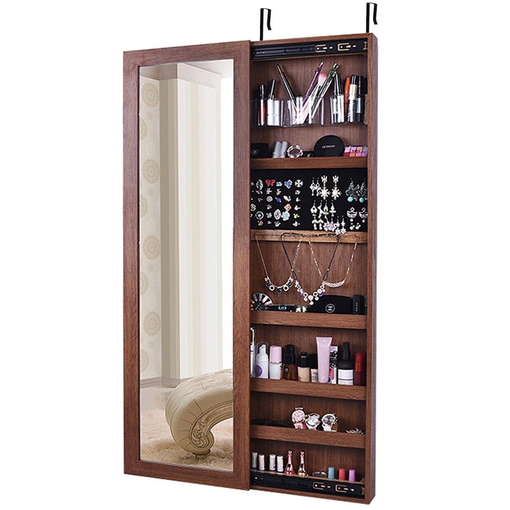 Over The Door Mirror Lockable Jewelry Cabinet Armoire Brown by