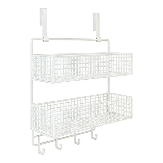 Over The Door Organizer with 2-Tier Baskets, Metal Hanging Shelf for Bathroom or Pantry, No-Drill Installation with Hooks for Towels, White