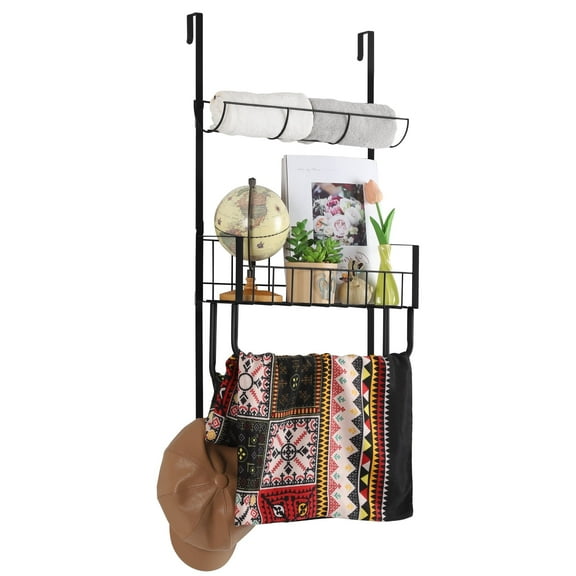 Over The Door Organizer with Towel Racks & Hooks, 5-Tier Black Hanging Storage for Bathroom, Bedroom, RV - Space Saving No Drill Design