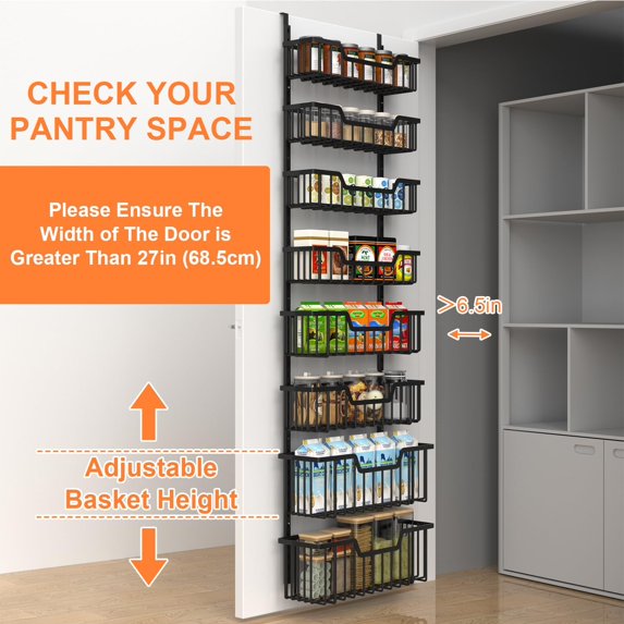 Over The Door Pantry Organizer, 8-Tier Shelves with Adjustable Baskets | Metal Spice Rack for Kitchen, Pantry, Cabinet