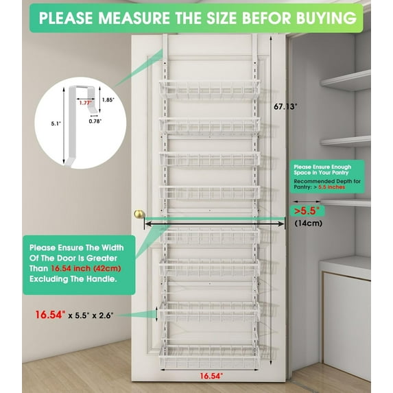 Over The Door Pantry Organizer, Wall Mount Spice Rack, 8 Adjustable Baskets Heavy-Duty Metal for Home & Kitchen - White