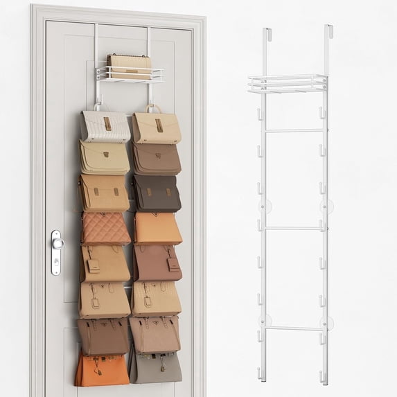 Over The Door Purse Organizer - Wall Mounted Handbag Organizer with 16 Hooks