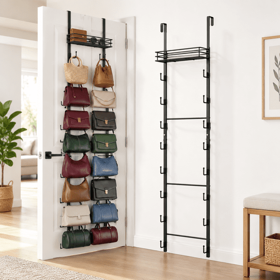 Over The Door Purse Organizer, Wall Mounted Handbag Storage Rack, Black ...