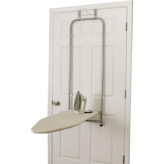 Over The Door Small Ironing Board with Iron Holder, Natural Cotton Cover Silver