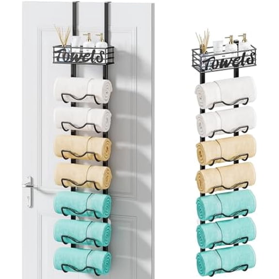 Over The Door Towel Rack - 8 Tier Wall Mount Rolled Towel Holder Storage Organizer Shelf with Storage Basket for Small Bathroom, Rv, Camper - Black