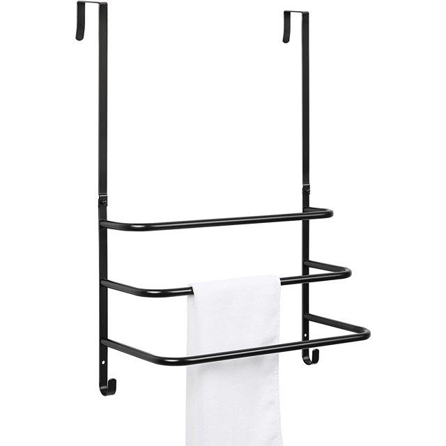 Over The Door Towel Rack Bathroom 3 Tier Towel Bar with Hooks, Black