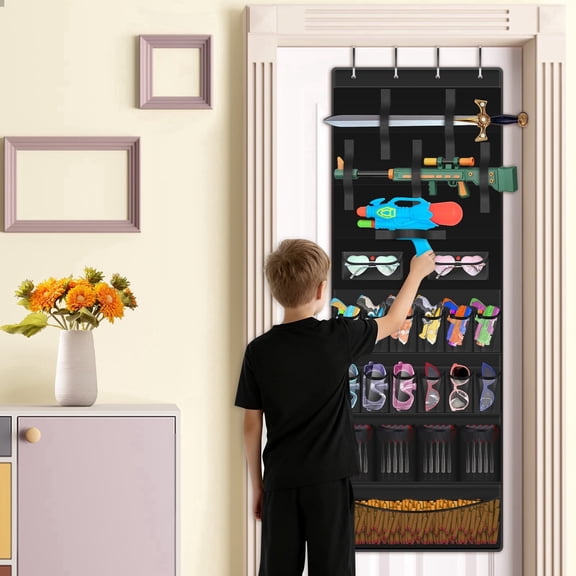 Over The Door Toy Organizer Hanging Storage Pockets Hooks Kids Foam Blasters Darts Goggles Gameroom (black )
