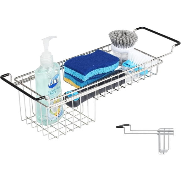 Over The Kitchen Sink Caddy Sponge Holder Organizer Drying Rack Expandable for Sponge Brush Soap 13.8" to 20.8", Stainless Steel