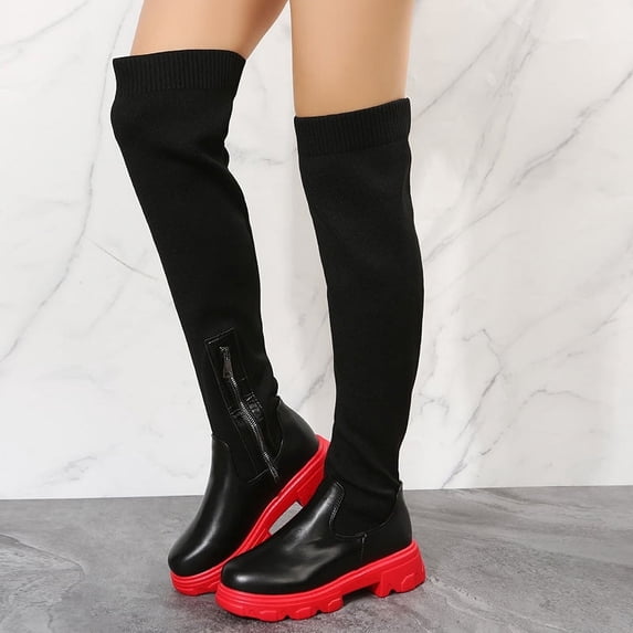 Over The Knee Boots for Women Wide Calf, Platform Thigh High Boots Womens Knit Leather Splicing Long Boots Black Round Toe Chunky Heels Zipper Stretch Sexy Tall Boots Winter Warm Dress Boots