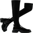 thumbnail image 1 of Over The Knee Boots for Women Wide Calf, Platform Thigh High Boots Womens  Knit Leather Splicing Long Boots Black Round Toe Chunky Heels Zipper Stretch Sexy Tall Boots Winter Warm Dress Boots, 1 of 5