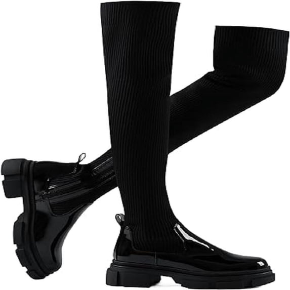 Over The Knee Boots for Women Wide Calf, Platform Thigh High Boots Womens Knit Leather Splicing Long Boots Black Round Toe Chunky Heels Zipper Stretch Sexy Tall Boots Winter Warm Dress Boots