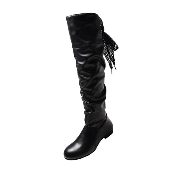 Over The Knee Boots for Women Slouchy Round Toe Low Flat Heel Lace Up Tall Booties 39