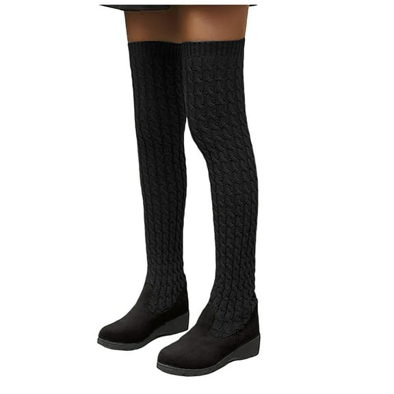 Over The Knee Boots for Women Winter Knitted Suede Patchwork Slip on Wedge Thigh High Tall Dress Boots
