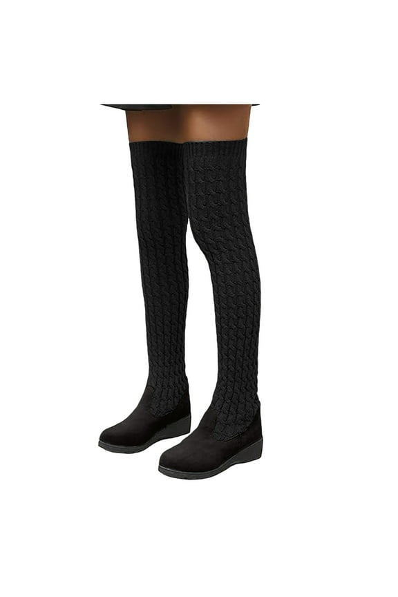 Over The Knee Boots for Women Winter Knitted Suede Patchwork Slip on Wedge Thigh High Tall Dress Boots