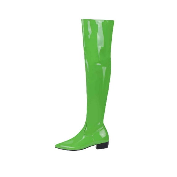 Over The Knee Go Go Boots for Women Chunky Stacked Pointed Toe Party Boots Patent Leather Low Heel Pull on Booties