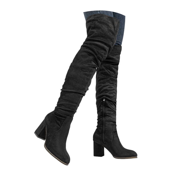 Over The Knee High Boots For Women Pull On Side Zipper Block Heel Thigh High Boots