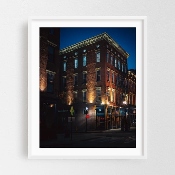 Over-The-Rhine at night, Cincinnati - Cincinnati Ohio Photography Architecture Nightlife City Street Photography Cityscape Vintage Night Sky White Framed Wall Art Print 18 x 24 inches