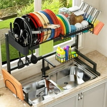 Over The Sink (24"- 32.5" L) Dish Drying Rack (Expandable Dimension) Snap-On Design 2 Tier Kitchen Large Dish Drainer Stainless Steel Counter Storage Organizer