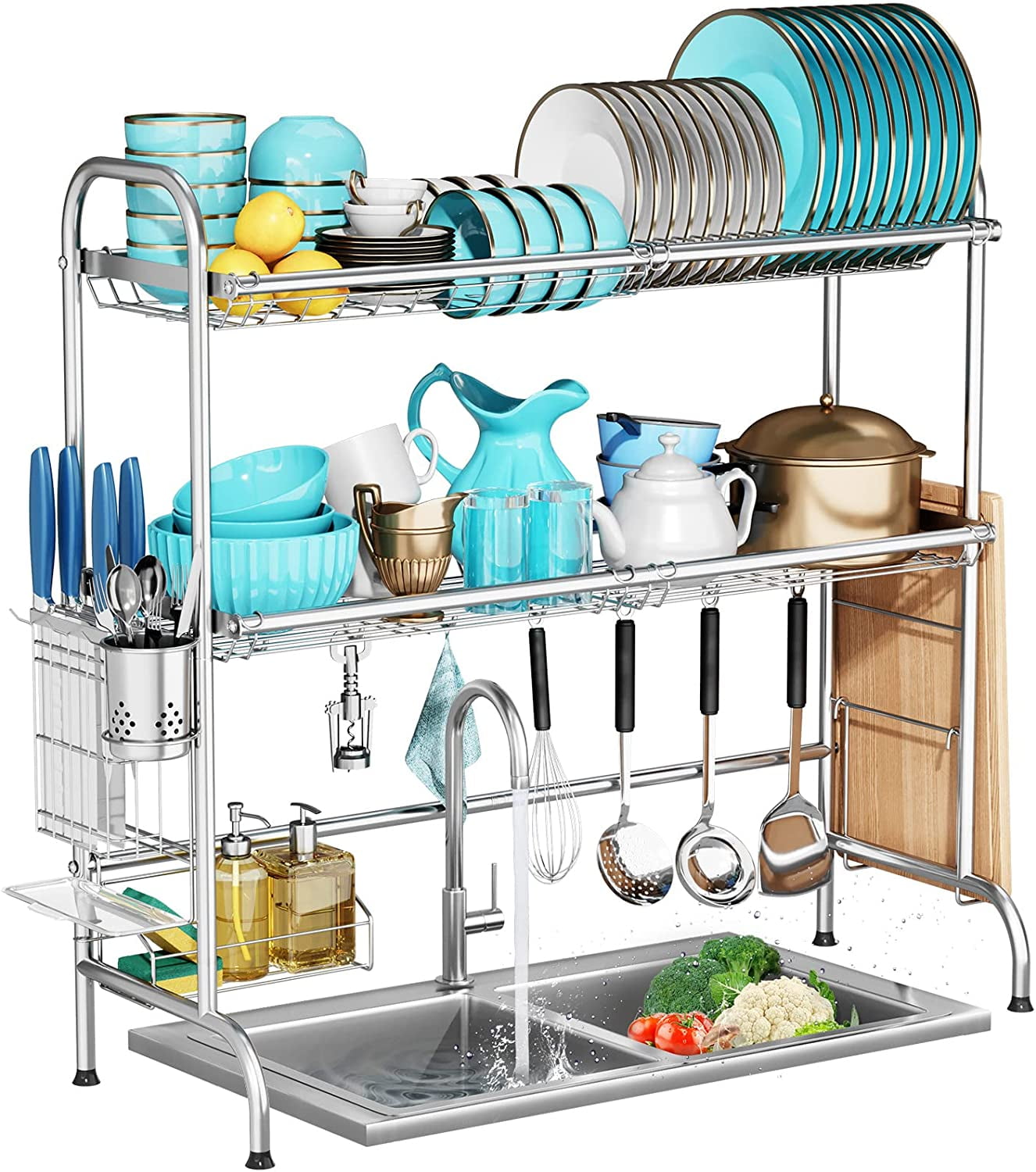 Silver 2-Tier Stainless Steel Over-the-Sink Dish Drying Rack with Utensil Holder