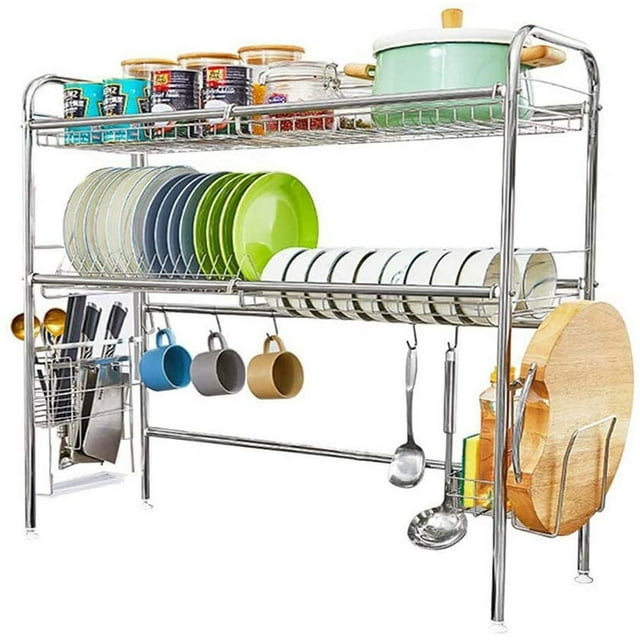 Over The Sink Dish Drying Rack,2-Tier 304 Stainless Steel Large Dish Drainers for Kitchen Counter Length Adjustable -Silver(Sink Width Limit (Sink Size ≤ 35 INCH)