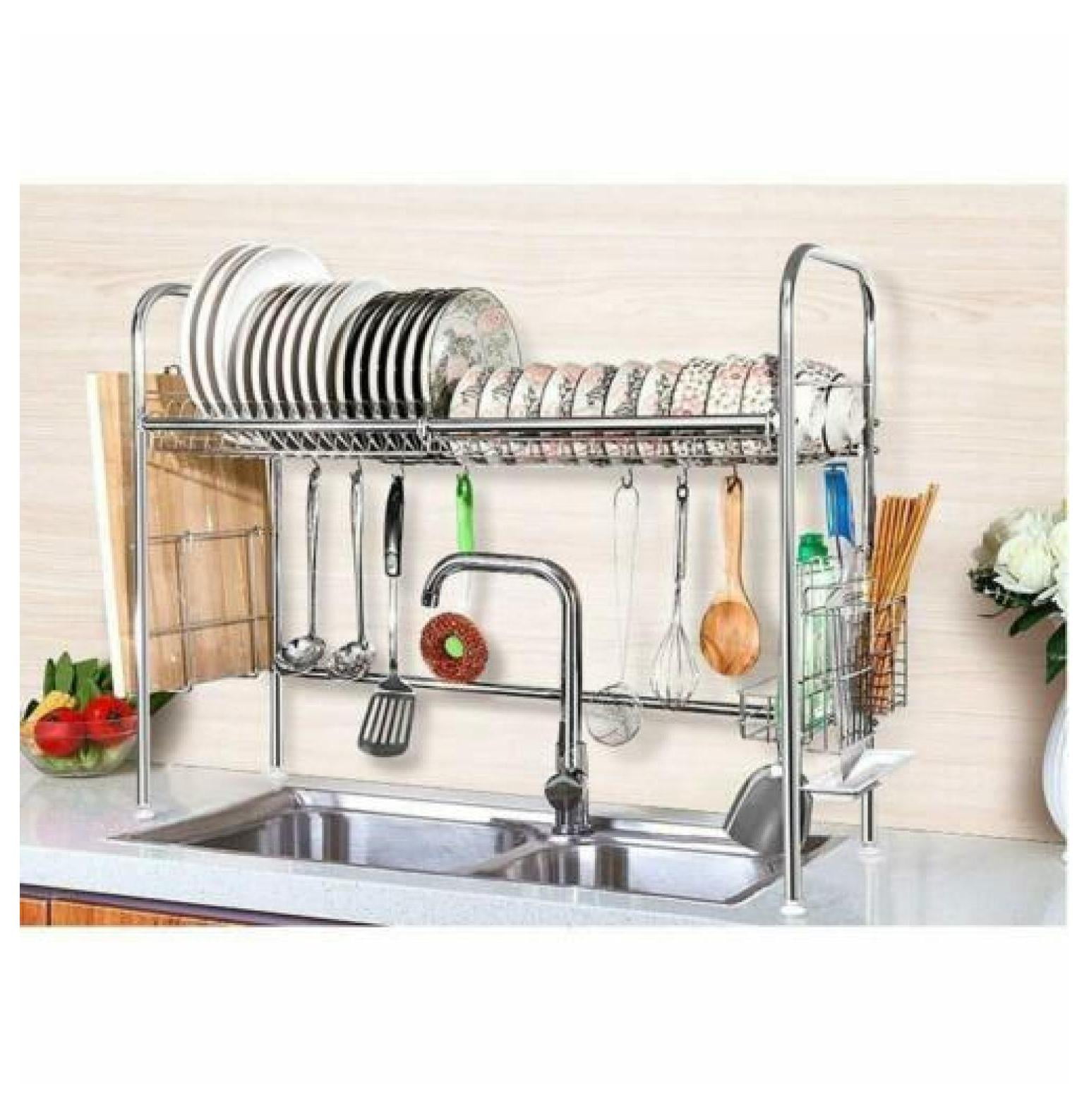 Over The Sink Dish Drying Rack 2 Tier Utensil Holder Stainless Steel
