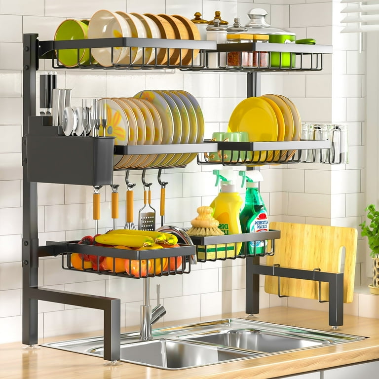 Large Expandable Stainless Steel Dish Drying Rack - Over Sink Or In Sink, Utensil Holder, Rustproof