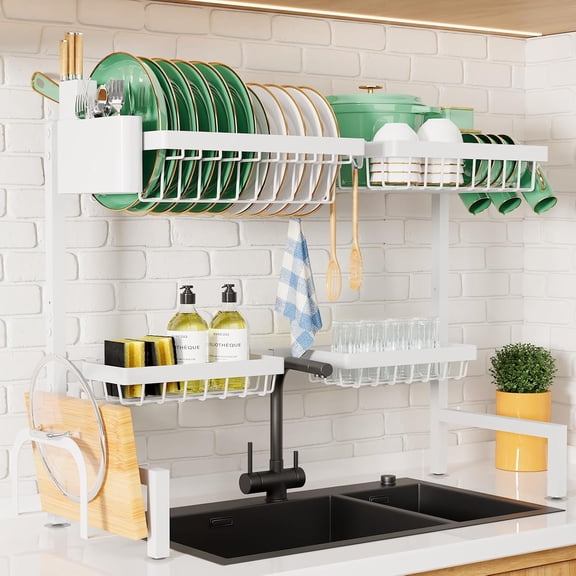 Over The Sink Dish Drying Rack - 30.0" to 33.9"x21.5", Adjustable Sink Drying Rack for Kitchen Sink with Multifunctional Baskets, White