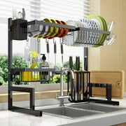 Over The Sink Dish Drying Rack,Adjustable,2 Tier Stainless Steel Dish Rack Drainer, Large Stainless Steel Dish Rack Over Sink for Kitchen Counter Organizer Storage Space Saver with Hooks (25.6"-33.5")