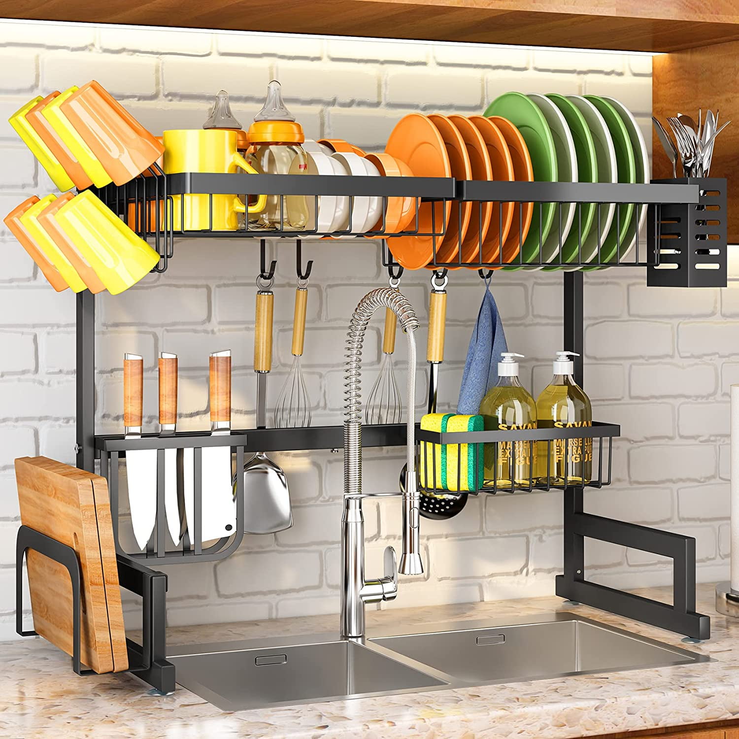 Adjustable Black Metal Over-the-Sink Dish Drying Rack with Multiple Baskets