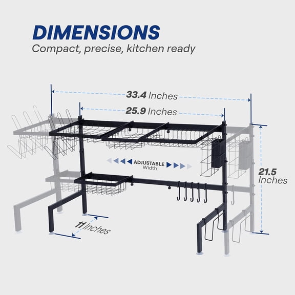 Over The Sink Dish Drying Rack - Adjustable 26.8"-34.6" Stainless Steel Large Dish Rack Over Sink Drying Rack with Utensil Holder, Black